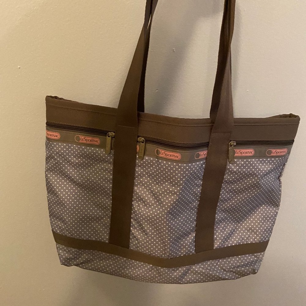 Zip-top LeSportsac Tote in Blue Gray with Dot Pattern